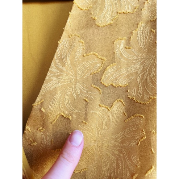 ORANGE CREEK Mustard Yelllw Textured Floral Chiffon Ruffle V Neck Midi Dress M - Picture 6 of 9